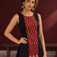 Timeless Black Cotton A-Line Dress with Maroon Ajrakh Print Center Panel & Contrast Piping — styled view