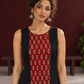 Timeless Black Cotton A-Line Dress with Maroon Ajrakh Print Center Panel & Contrast Piping — fabric detail