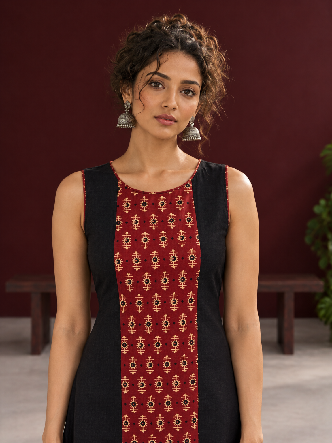 Timeless Black Cotton A-Line Dress with Maroon Ajrakh Print Center Panel & Contrast Piping — fabric detail