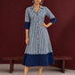 Classic Indigo Blue Striped Cotton Shirt Dress with Contrast Colour-Block Hem & Cuffs — front view