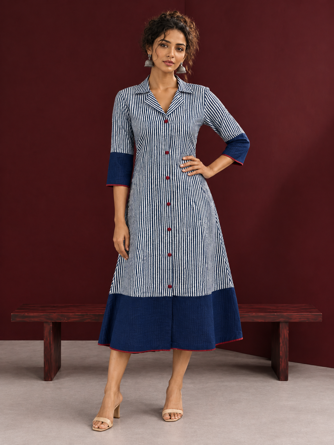 Classic Indigo Blue Striped Cotton Shirt Dress with Contrast Colour-Block Hem & Cuffs — front view