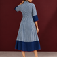 Classic Indigo Blue Striped Cotton Shirt Dress with Contrast Colour-Block Hem & Cuffs — back view