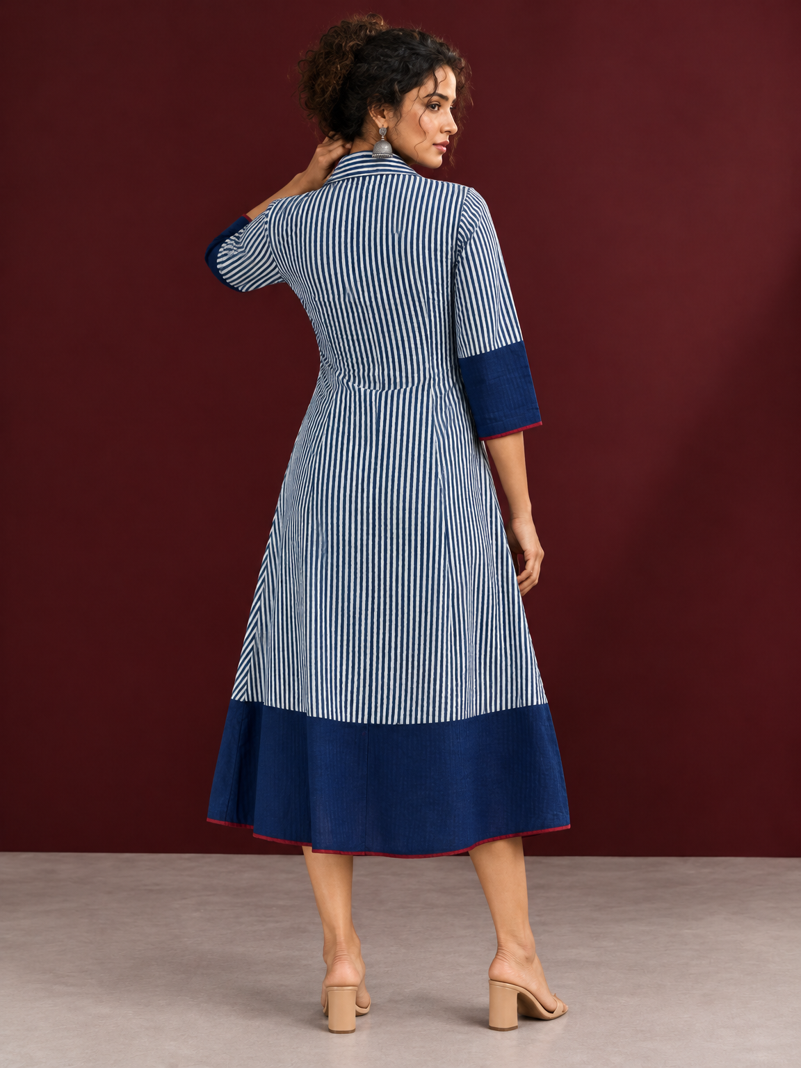 Classic Indigo Blue Striped Cotton Shirt Dress with Contrast Colour-Block Hem & Cuffs — back view