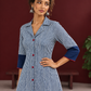 Classic Indigo Blue Striped Cotton Shirt Dress with Contrast Colour-Block Hem & Cuffs — fabric detail