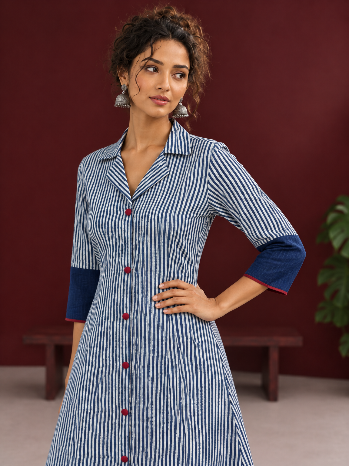 Classic Indigo Blue Striped Cotton Shirt Dress with Contrast Colour-Block Hem & Cuffs — fabric detail