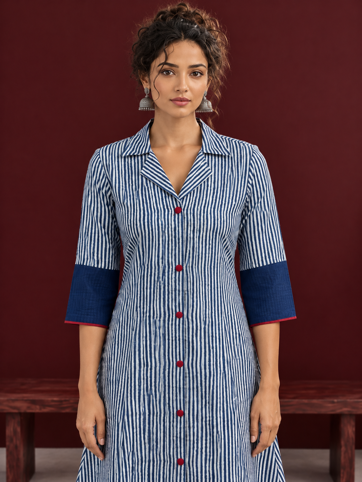 Classic Indigo Blue Striped Cotton Shirt Dress with Contrast Colour-Block Hem & Cuffs — styled view