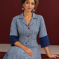 Classic Indigo Blue Striped Cotton Shirt Dress with Contrast Colour-Block Hem & Cuffs — seated detail