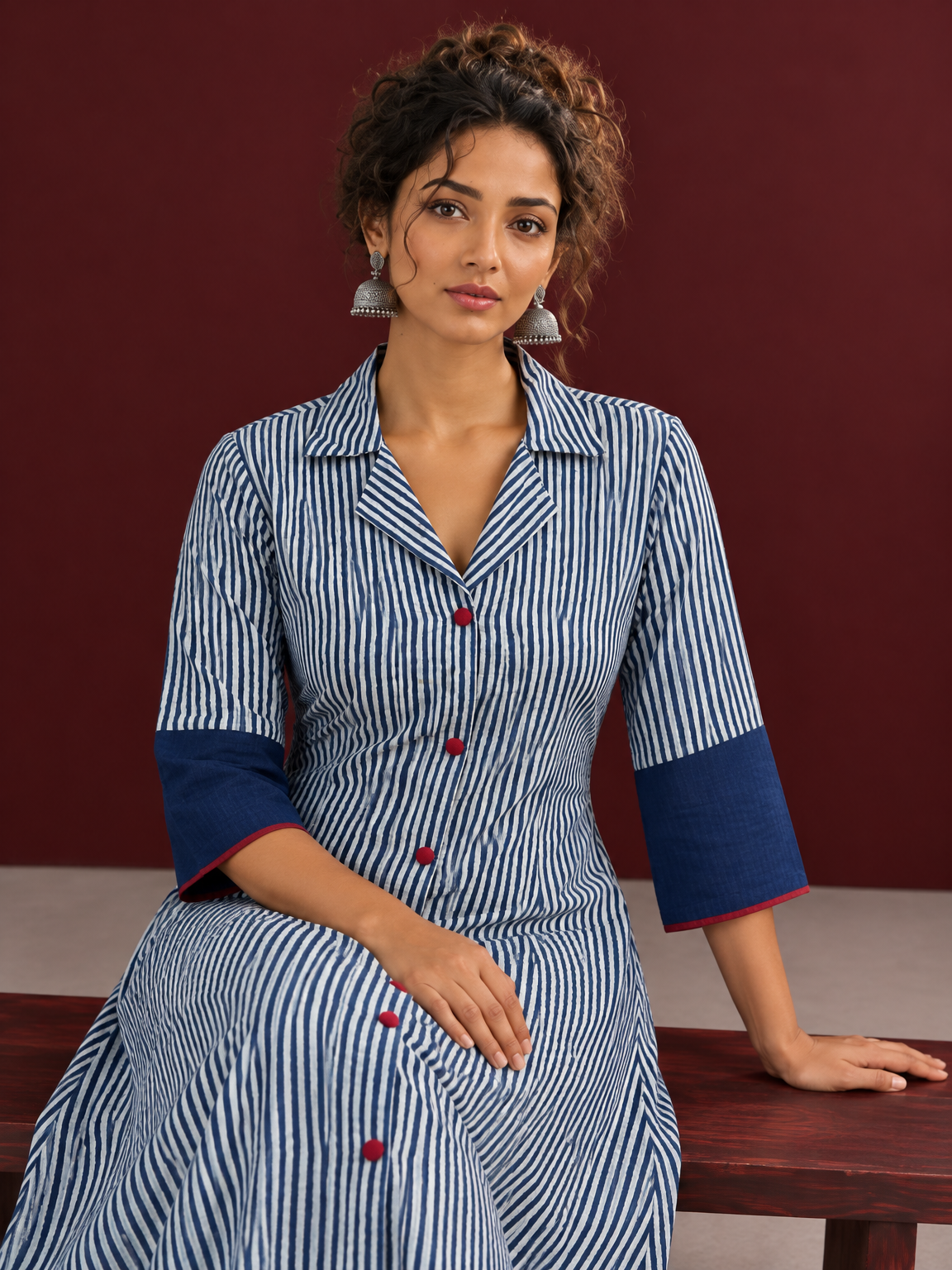 Classic Indigo Blue Striped Cotton Shirt Dress with Contrast Colour-Block Hem & Cuffs — seated detail