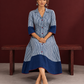 Classic Indigo Blue Striped Cotton Shirt Dress with Contrast Colour-Block Hem & Cuffs — seated