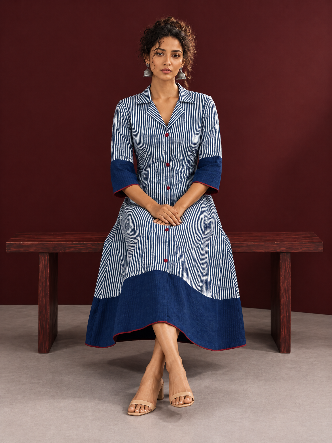 Classic Indigo Blue Striped Cotton Shirt Dress with Contrast Colour-Block Hem & Cuffs — seated