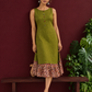 Olive Green Cotton Sleeveless Dress with Contrast Floral Print Piping, Button Placket & Kalamkari Leaf Print Gath — side view