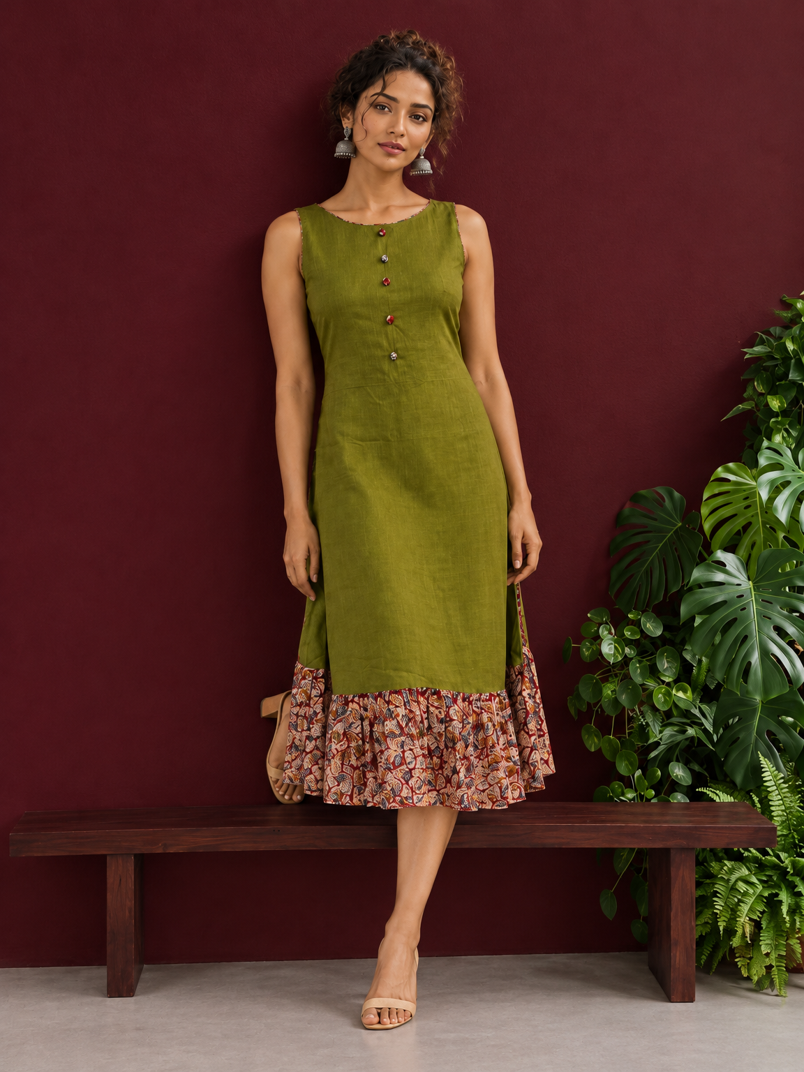 Olive Green Cotton Sleeveless Dress with Contrast Floral Print Piping, Button Placket & Kalamkari Leaf Print Gath — side view