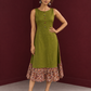 Olive Green Cotton Sleeveless Dress with Contrast Floral Print Piping, Button Placket & Kalamkari Leaf Print Gat — front view