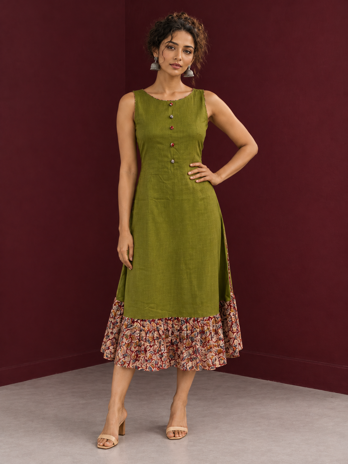 Olive Green Cotton Sleeveless Dress with Contrast Floral Print Piping, Button Placket & Kalamkari Leaf Print Gat — front view