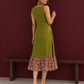 Olive Green Cotton Sleeveless Dress with Contrast Floral Print Piping, Button Placket & Kalamkari Leaf Print Gath — back view