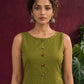 Olive Green Cotton Sleeveless Dress with Contrast Floral Print Piping, Button Placket & Kalamkari Leaf Print — fabric detail