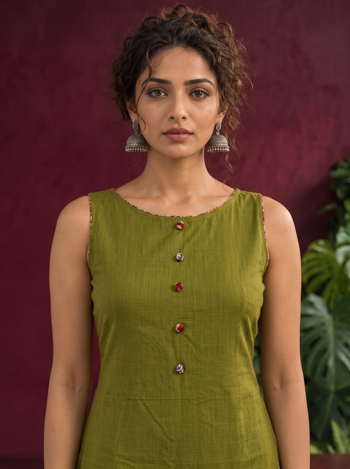 Olive Green Cotton Sleeveless Dress with Contrast Floral Print Piping, Button Placket & Kalamkari Leaf Print — fabric detail