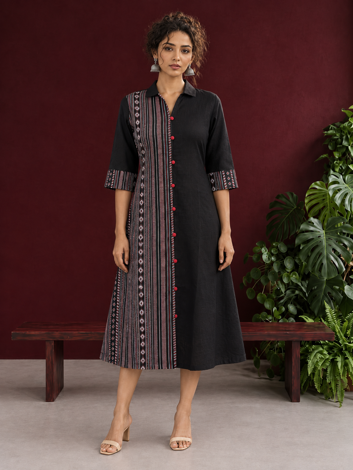 Timeless Black Cotton Shirt Dress with Contrast Striped Panel & Coordinated Sleeve Cuffs — front view