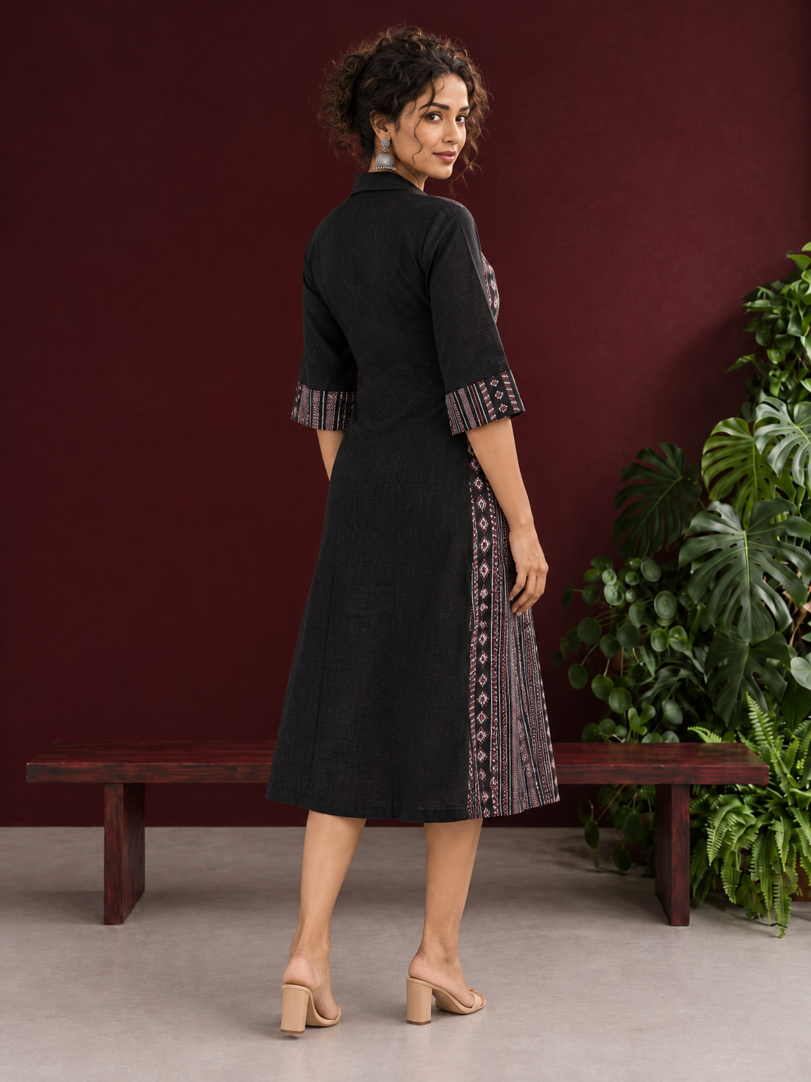Timeless Black Cotton Shirt Dress with Contrast Striped Panel & Coordinated Sleeve Cuffs — back view
