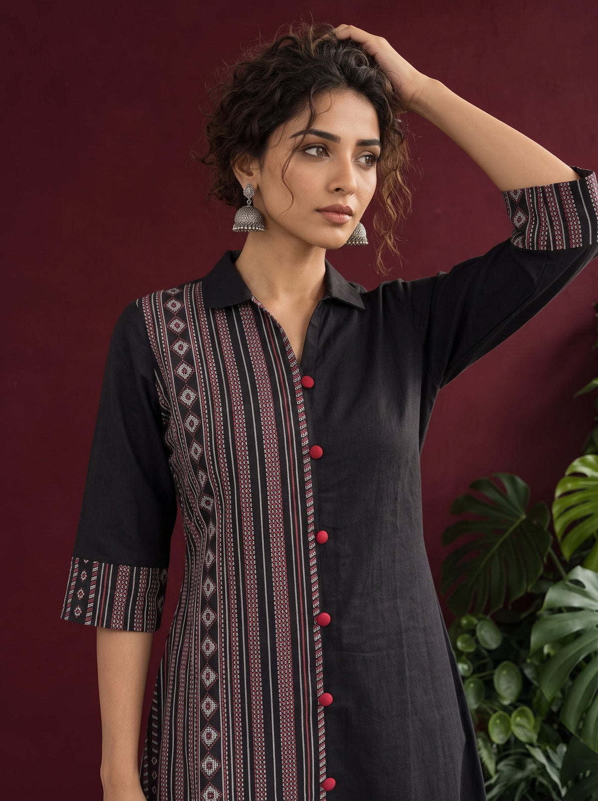 Timeless Black Cotton Shirt Dress with Contrast Striped Panel & Coordinated Sleeve Cuffs — styled view