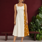 Elegant Off-White Cotton One Piece Dress with Mustard Floral Print Side Panel & Button Detailing — front view