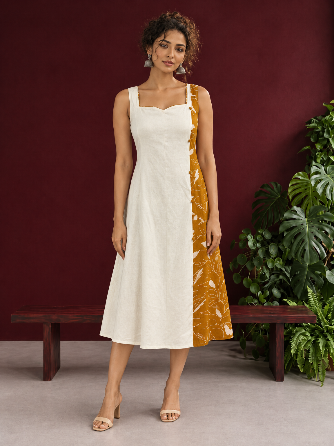 Elegant Off-White Cotton One Piece Dress with Mustard Floral Print Side Panel & Button Detailing — front view