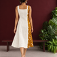 Elegant Off-White Cotton One Piece Dress with Mustard Floral Print Side Panel & Button Detailing — back view