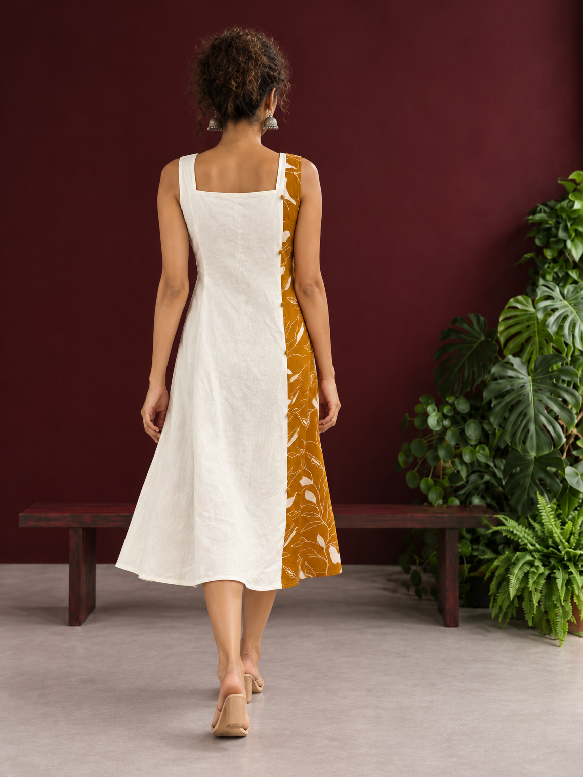 Elegant Off-White Cotton One Piece Dress with Mustard Floral Print Side Panel & Button Detailing — back view