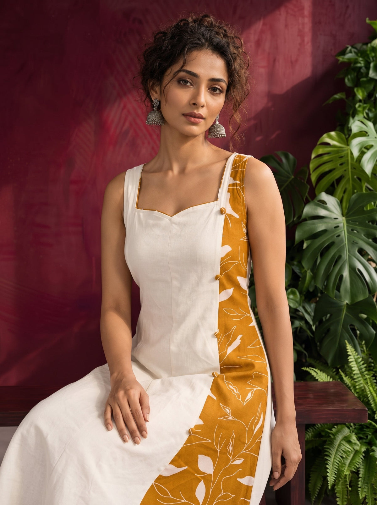 Elegant Off-White Cotton One Piece Dress with Mustard Floral Print Side Panel & Button Detailing — seated detail