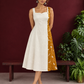 Elegant Off-White Cotton One Piece Dress with Mustard Floral Print Side Panel & Button Detailing — side view