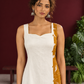 Elegant Off-White Cotton One Piece Dress with Mustard Floral Print Side Panel & Button Detailing — styled view