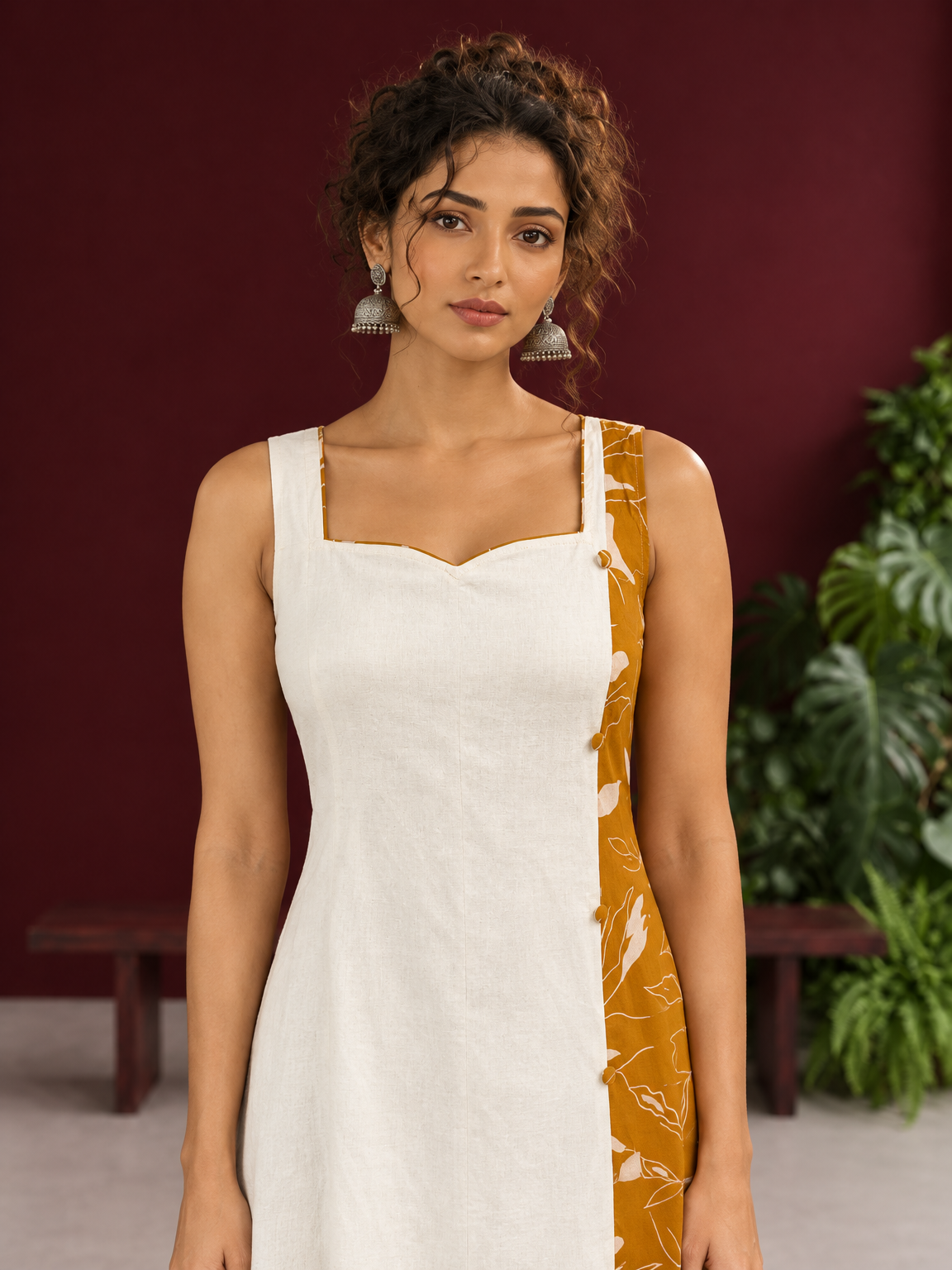 Elegant Off-White Cotton One Piece Dress with Mustard Floral Print Side Panel & Button Detailing — styled view