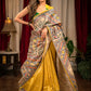 Exclusive mustard pure raw silk hand painted Madhubani designer saree