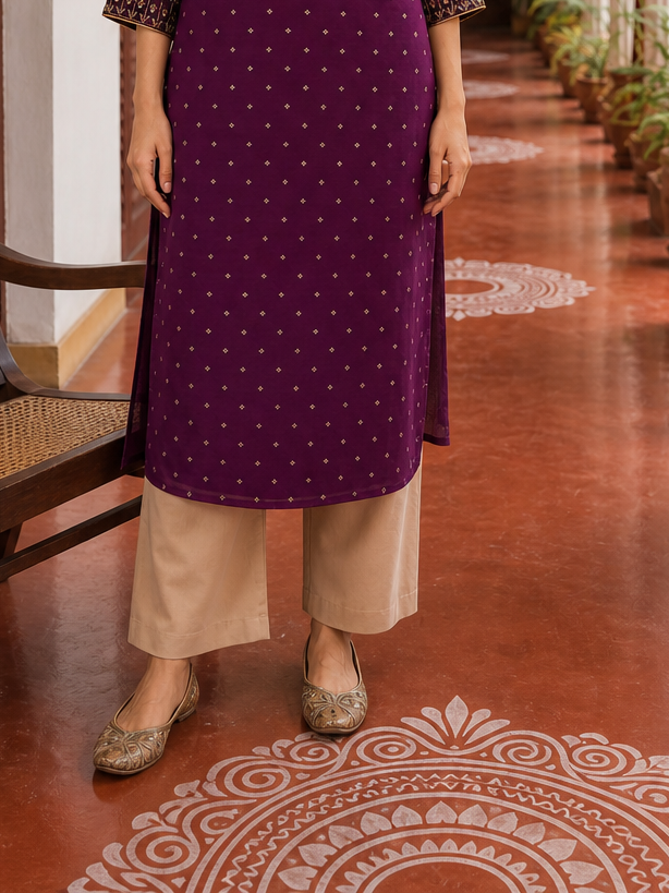 Elegant Purple Chanderi Kurta with Gold Foil Booti Print, hand embroidered Cuffs