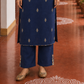 Elegant Navy Blue Cotton Kurta with Madhubani Print Yoke, Contrast Sleeves & Gold Embroidered Booti Detailing