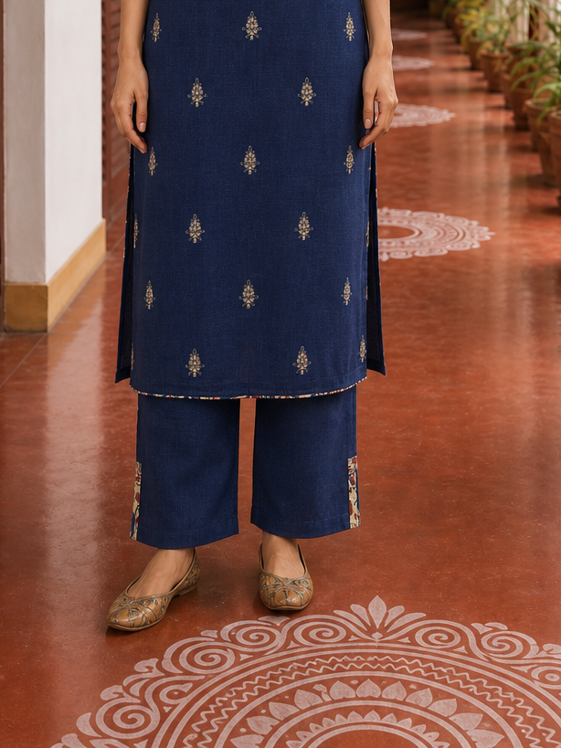 Elegant Navy Blue Cotton Kurta with Madhubani Print Yoke, Contrast Sleeves & Gold Embroidered Booti Detailing