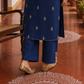 Elegant Navy Blue Cotton Kurta with Madhubani Print Yoke, Contrast Sleeves & Gold Embroidered Booti Detailing