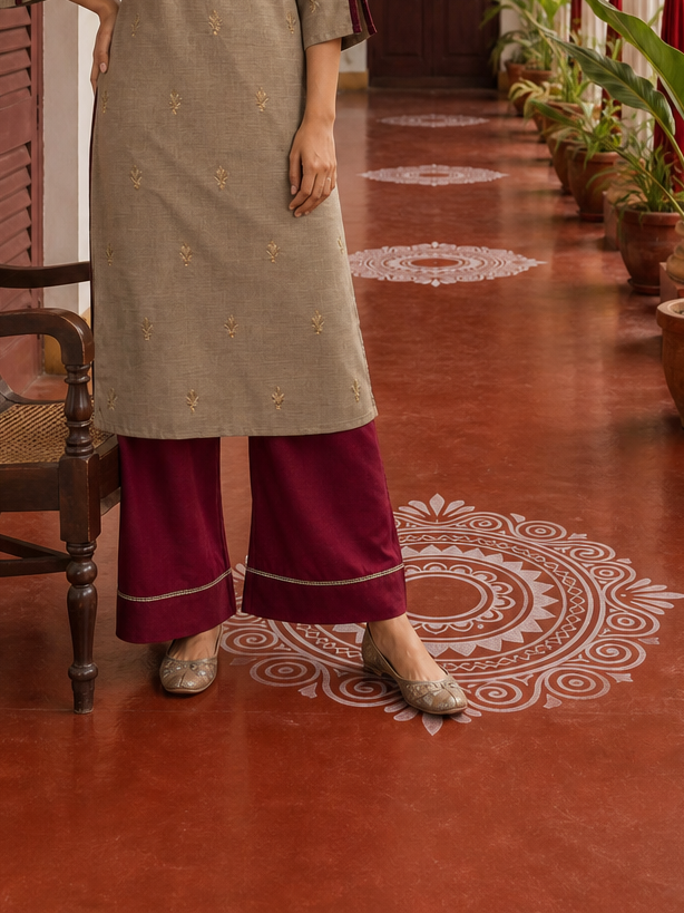Elegant Beige Cotton Kurta with Maroon Embroidered Yoke, Gold Buttons & Coordinated Palazzo