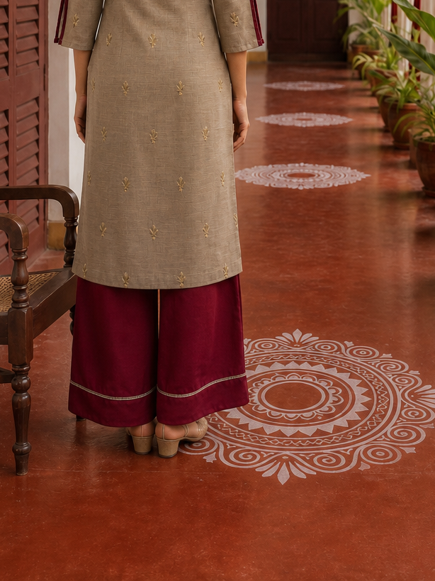 Elegant Beige Cotton Kurta with Maroon Embroidered Yoke, Gold Buttons & Coordinated Palazzo