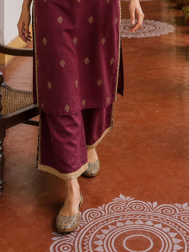 Elegant Maroon Cotton Kurta with Contrasting Beige Embroidered Yoke & Sequin Detailing