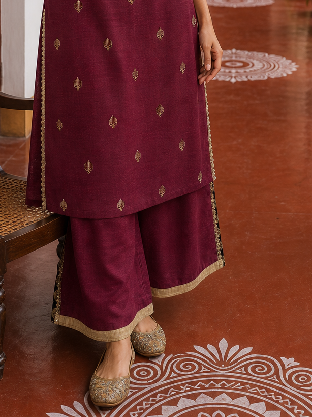 Elegant Maroon Cotton Kurta with Contrasting Beige Embroidered Yoke & Sequin Detailing