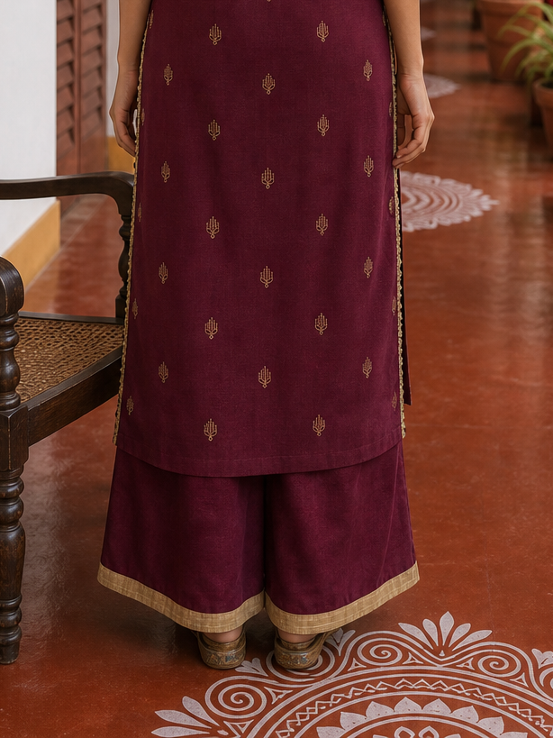 Elegant Maroon Cotton Kurta with Contrasting Beige Embroidered Yoke & Sequin Detailing