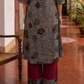 Elegant Blue Cotton kalamkari Kurta with hand work Sequin Mirror Embellished Neckline & Contrast Maroon Piping