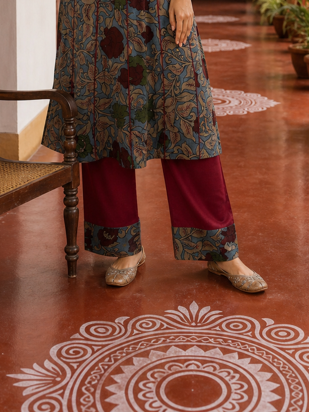 Elegant Blue Cotton kalamkari Kurta with hand work Sequin Mirror Embellished Neckline & Contrast Maroon Piping