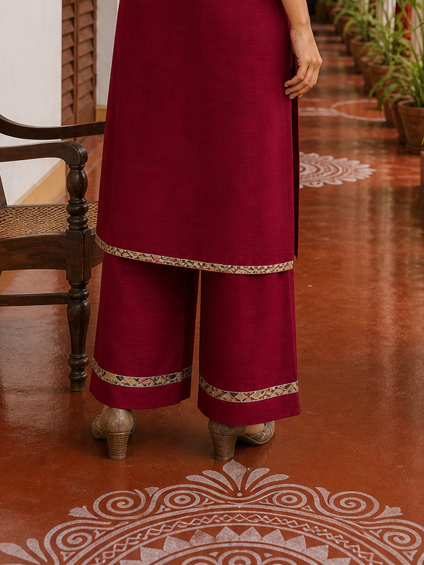 Elegant Maroon Kurta with Madhubani Print Yoke, Sequinned Scalloped Lace Trim & Matching Palazzo Set