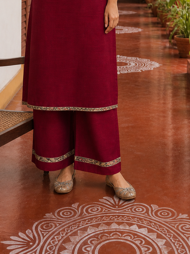 Elegant Maroon Kurta with Madhubani Print Yoke, Sequinned Scalloped Lace Trim & Matching Palazzo Set