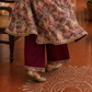 Elegant Maroon rayon & Floral Print Wrap Dress with Sequin Fringe Neckline & Embellished Sleeve Cuffs