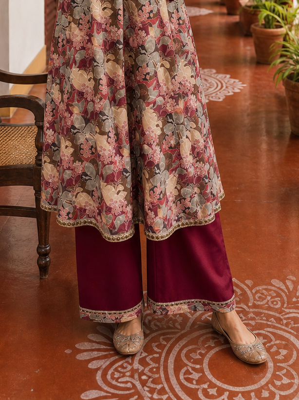 Elegant Maroon rayon & Floral Print Wrap Dress with Sequin Fringe Neckline & Embellished Sleeve Cuffs