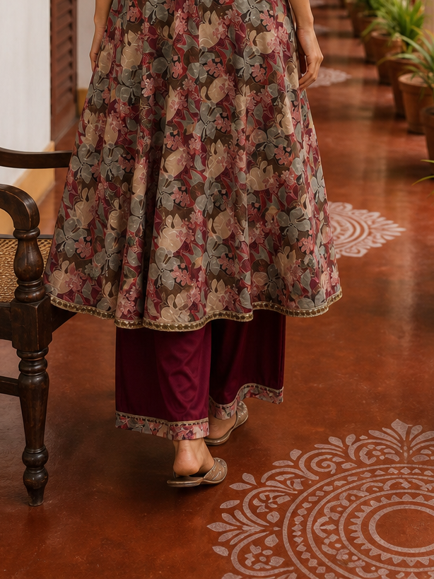 Elegant Maroon rayon & Floral Print Wrap Dress with Sequin Fringe Neckline & Embellished Sleeve Cuffs