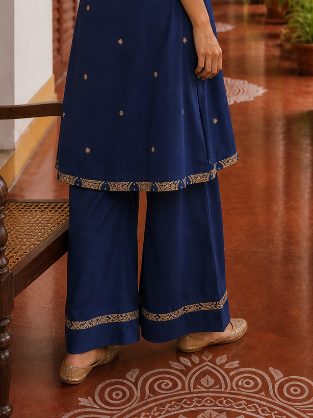 Elegant Navy Blue Kurta with Gold Embroidered Halter Neckline & Banarasi Border